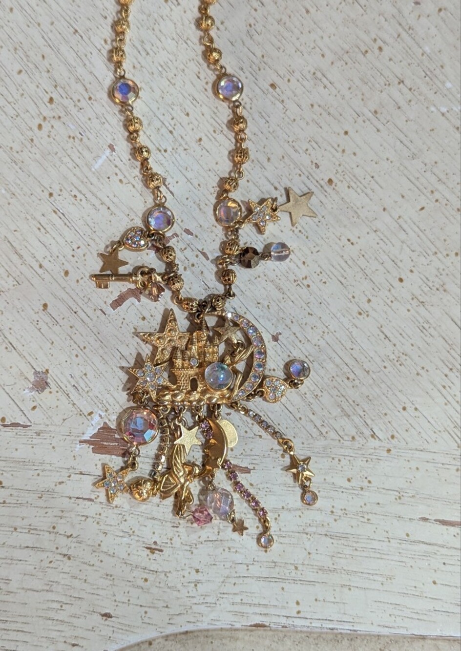 Vintage Gold-Tone Celestial Charm Necklace with Iridescent Stones Kirks Folly
